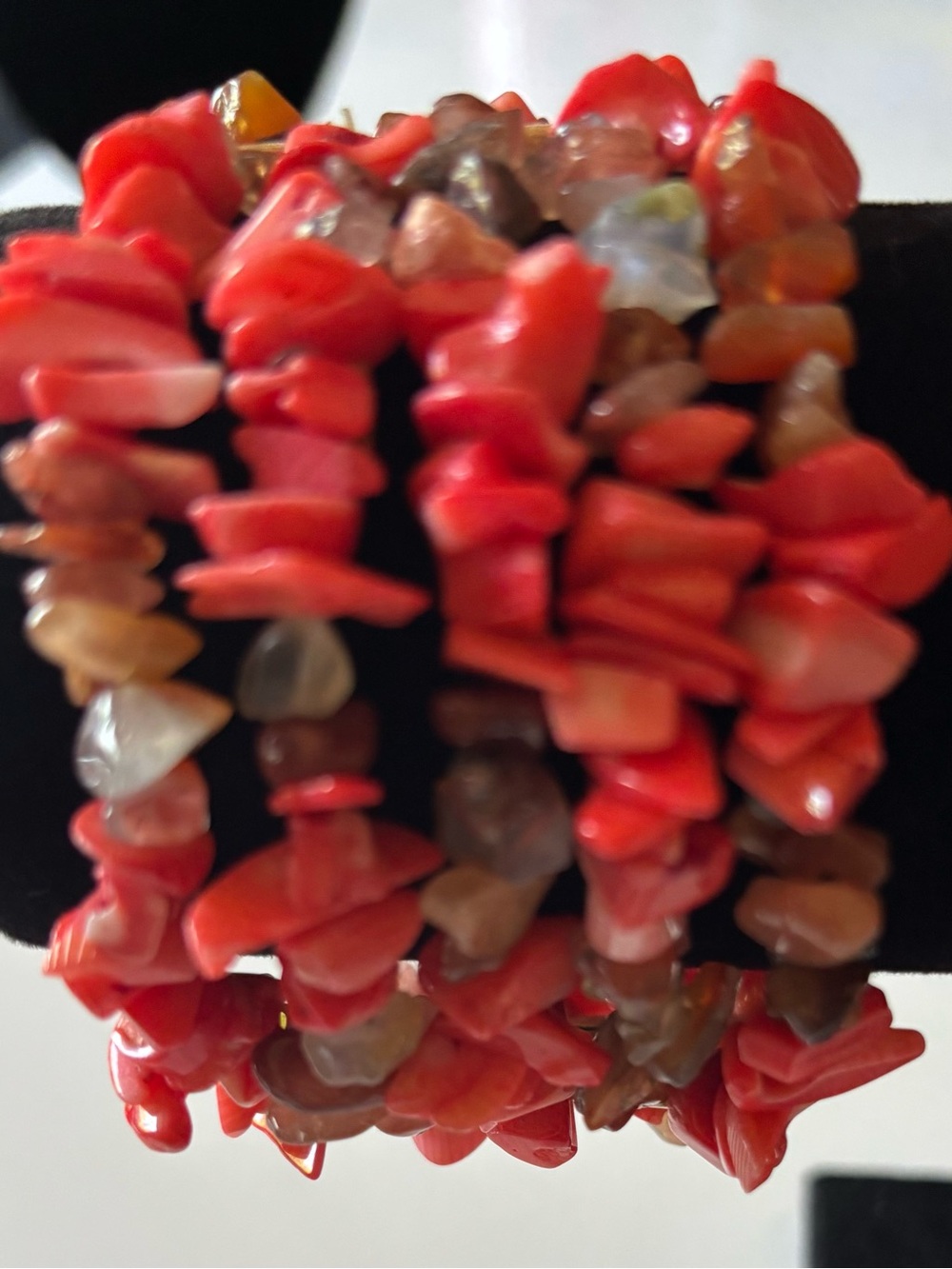 Vintage Red Coral chip & Agate Multi Strand Stretch Cuff Bracelet Silver tone